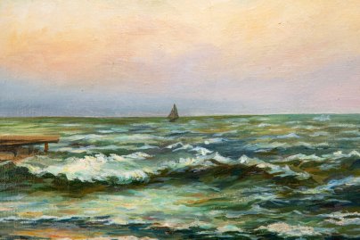Картина "Морской пейзаж с хижиной", оформленная в раму с рельефным декором, автор Кишон Г.С., холст, масло, дерево