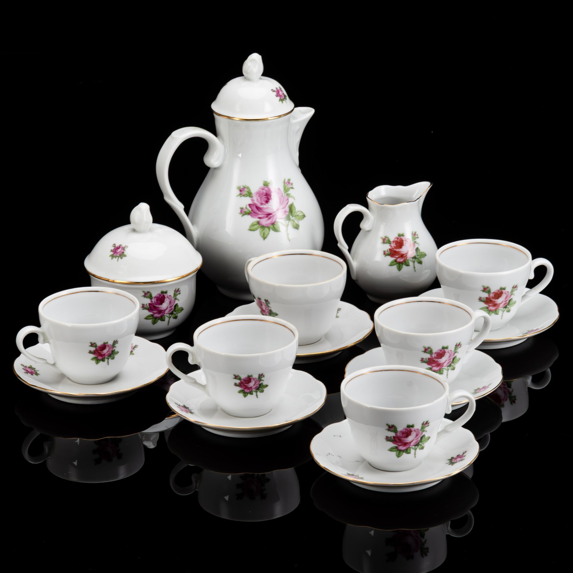 Сервиз кофейный "Роза" на 6 персон (15 предметов), фарфор, деколь, золочение, Kahla, ГДР, 1960-1990 гг.