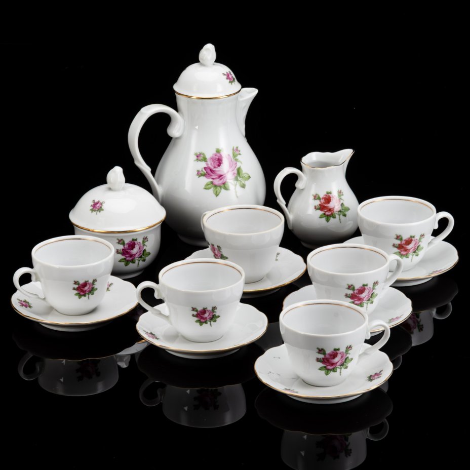 Сервиз кофейный "Роза" на 6 персон (15 предметов), фарфор, деколь, золочение, Kahla, ГДР, 1960-1990 гг.