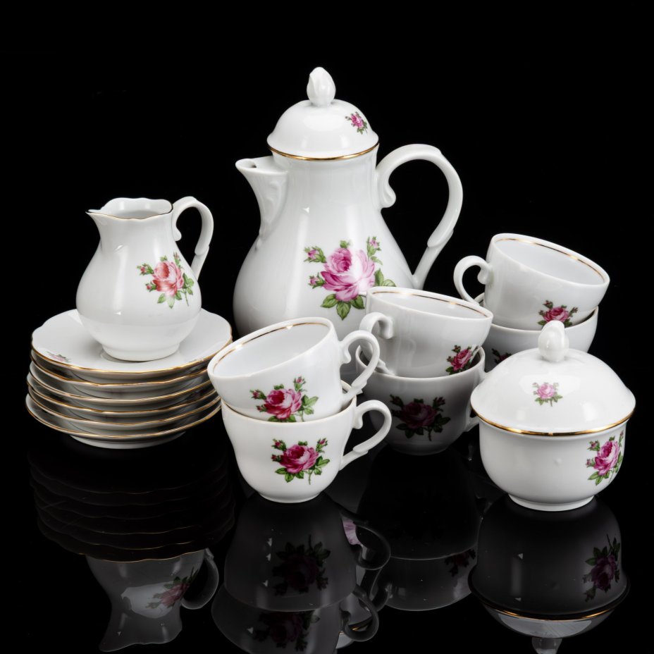 Сервиз кофейный "Роза" на 6 персон (15 предметов), фарфор, деколь, золочение, Kahla, ГДР, 1960-1990 гг.