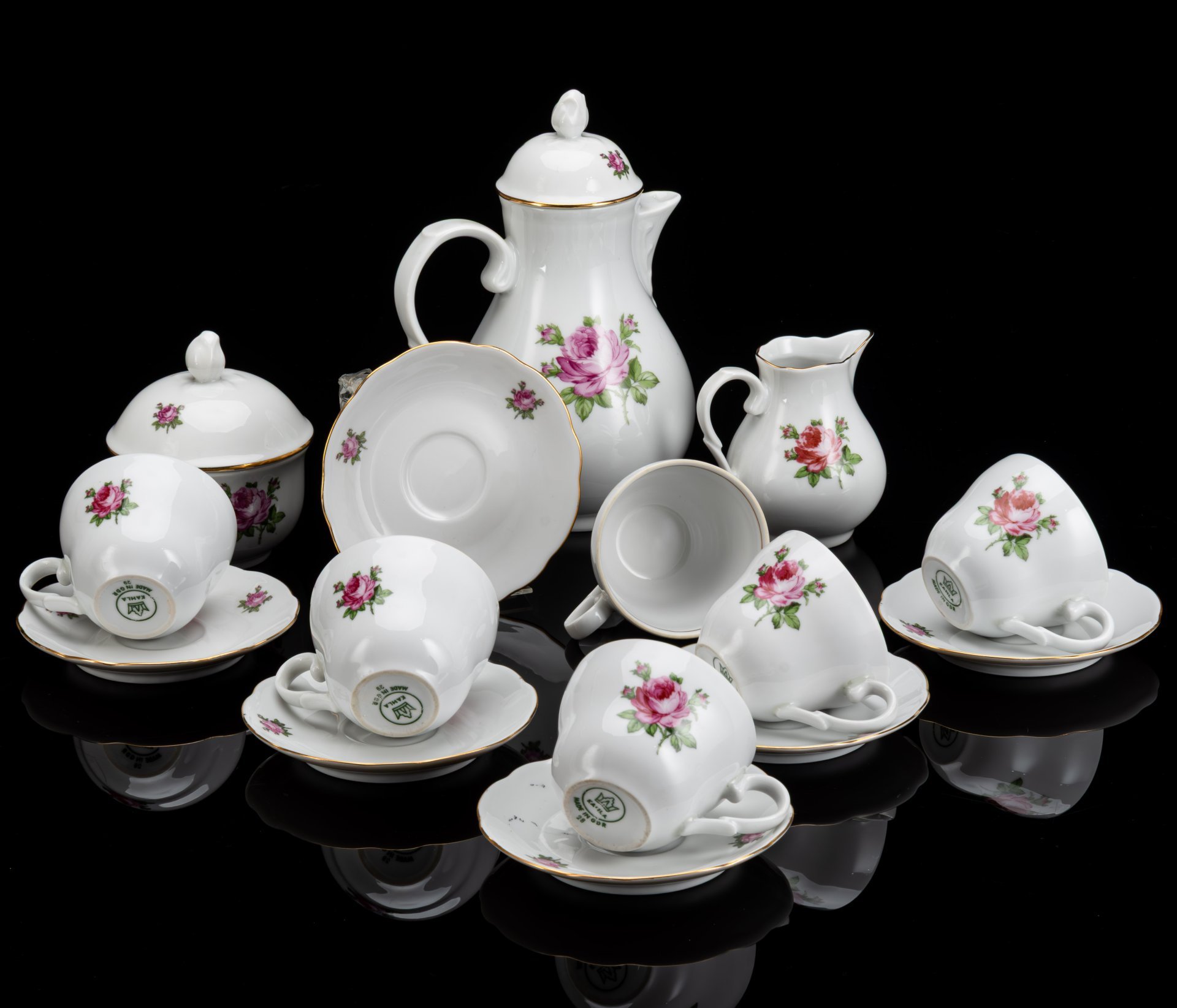 Сервиз кофейный "Роза" на 6 персон (15 предметов), фарфор, деколь, золочение, Kahla, ГДР, 1960-1990 гг.