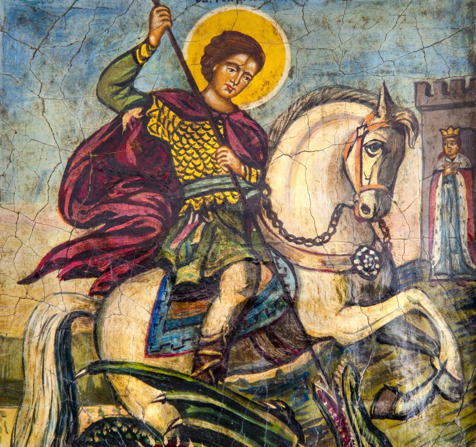 Икона "Георгий Победоносец на коне, поражающий копьем дракона" ("Чудо Георгия о змие"), дерево, темпера, золочение, Российская Империя, 1850-1890 гг.