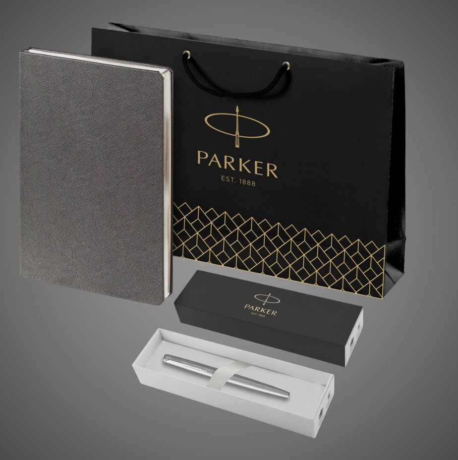 Подарочный набор: Ручка перьевая Parker Jotter Stainless Steel и Ежедневник недатированный серый, Кожа и мех: искусственная кожа, нержавеющая сталь