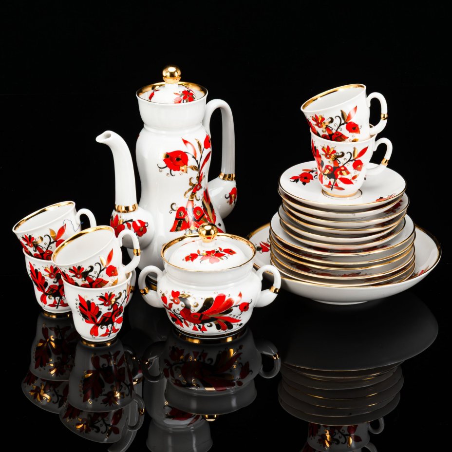 Сервиз кофейный на 6 персон "Народные узоры" (форма "Сударыня"), автор А.В. Воробьевский, (20 предметов)