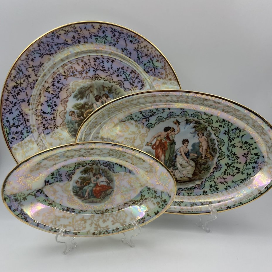 Набор из 3-х сервировочных блюд разных форм "Мадонна", фарфор, люстр, деколь, золочение, Fortuna Eisenberg, ГДР, 1960-1973 гг.