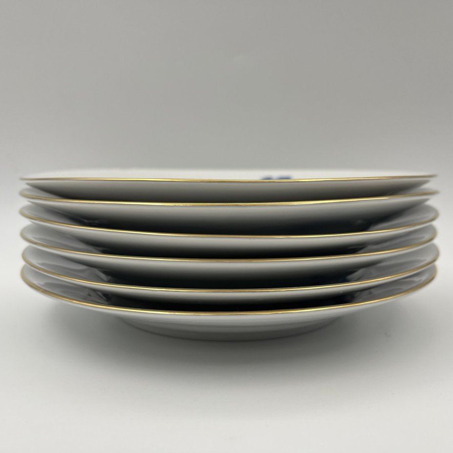 Набор из 6-ти десертных тарелок с декором в виде синих цветов, фарфор, деколь, золочение, Kahla, ГДР, 1968-1987 гг.