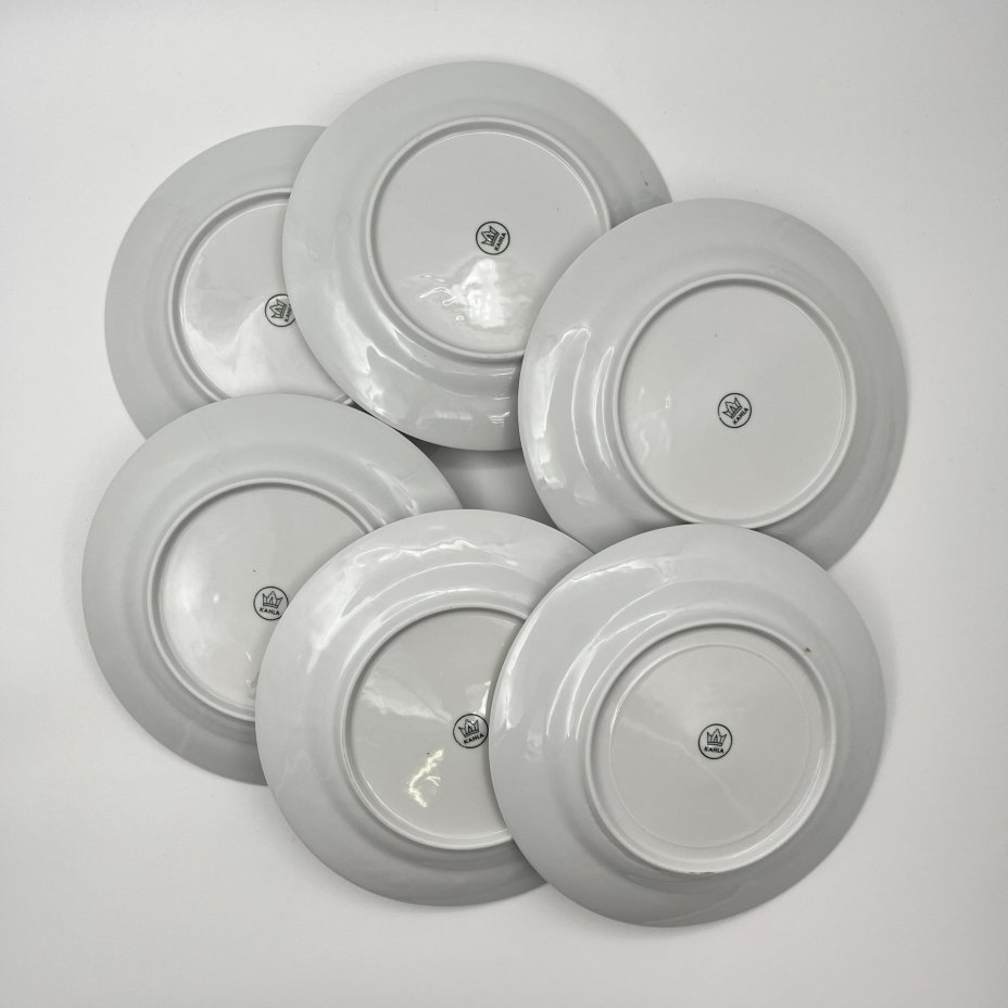 Набор из 6-ти десертных тарелок с декором в виде синих цветов, фарфор, деколь, золочение, Kahla, ГДР, 1968-1987 гг.