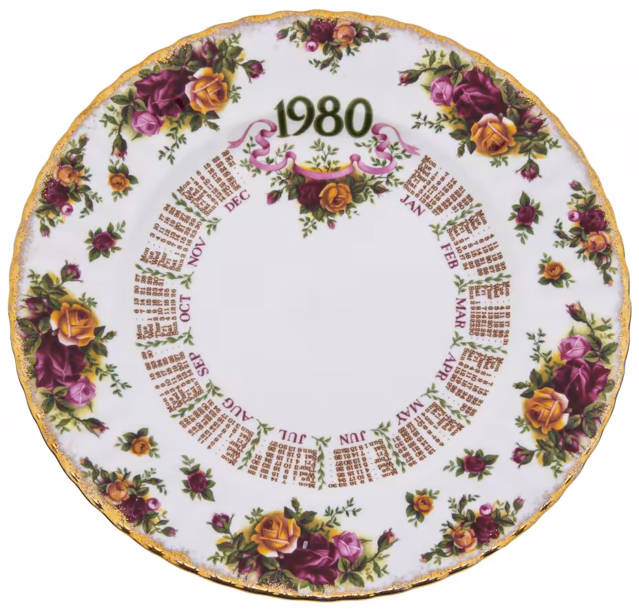 Тарелка декоративная "Календарь 1980 года",  фарфор, деколь, золочение, компания "Royal Albert", Англия, 1980 г., Royal Albert