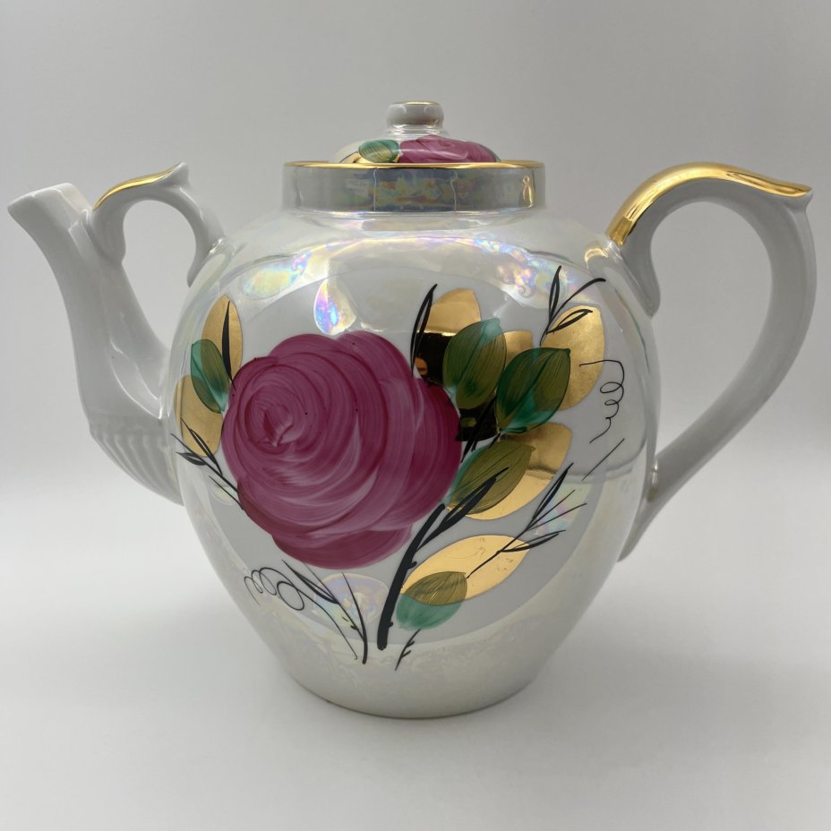 Чайник доливной "Роза", фарфор, люстр, роспись, золочение, Дулевский фарфоровый завод (Дулёво), СССР, 1988 г.