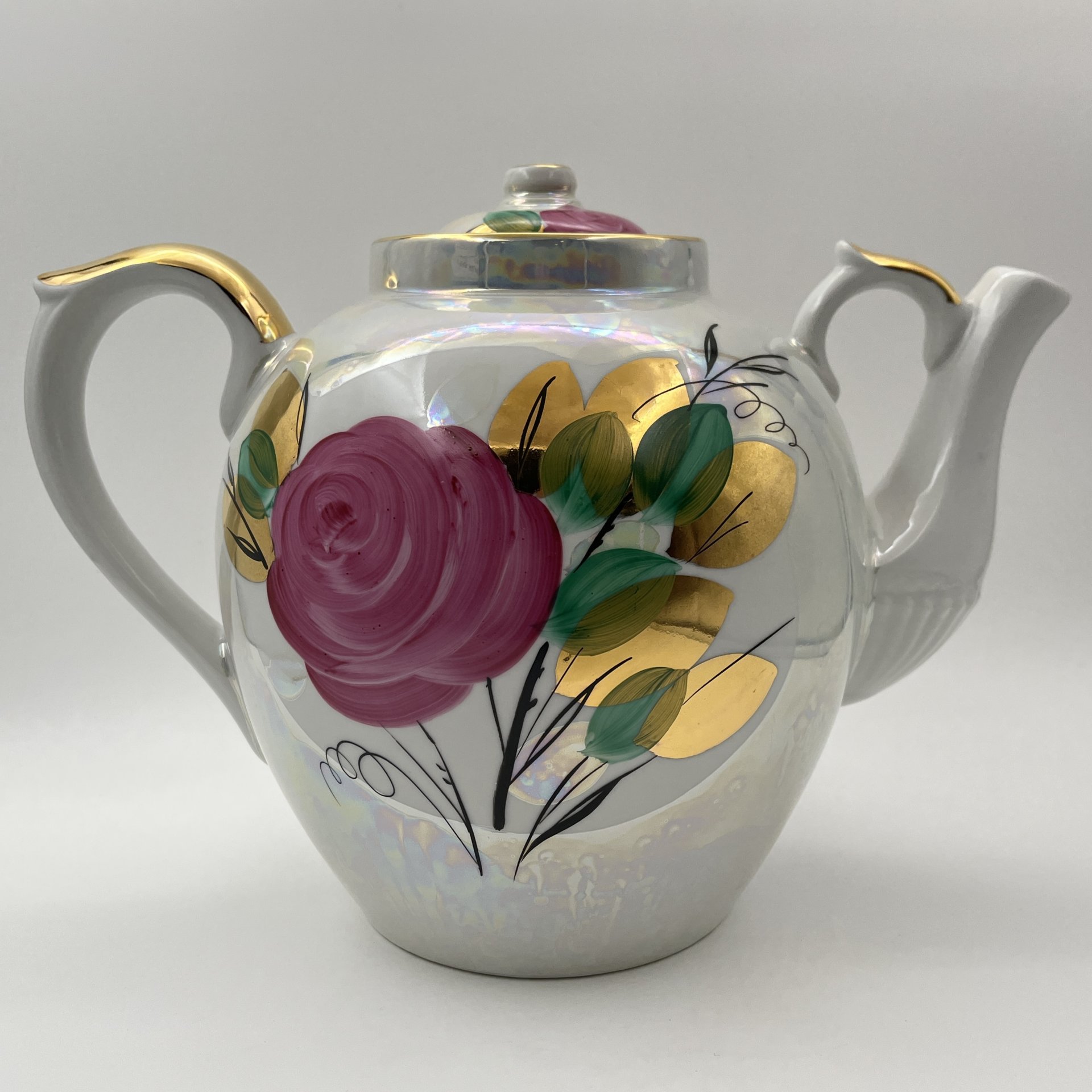 Чайник доливной "Роза", фарфор, люстр, роспись, золочение, Дулевский фарфоровый завод (Дулёво), СССР, 1988 г.