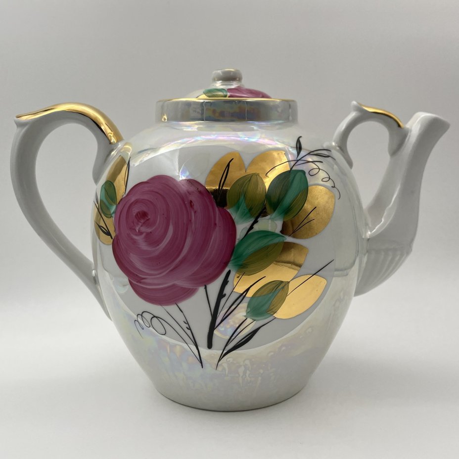 Чайник доливной "Роза", фарфор, люстр, роспись, золочение, Дулевский фарфоровый завод (Дулёво), СССР, 1988 г.