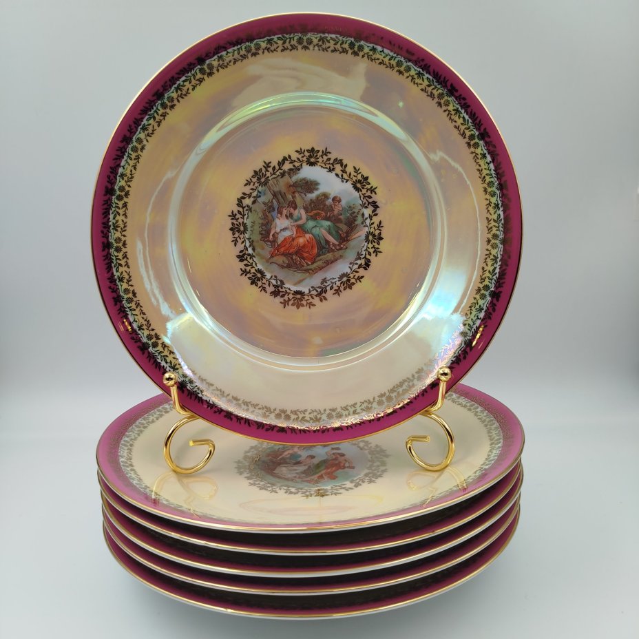 Набор обеденных тарелок из сервиза "Мадонна" на 6 персон, фарфор, деколь, люстр, золочение, Fortuna Eisenberg, Германия, 1960-1973 гг.