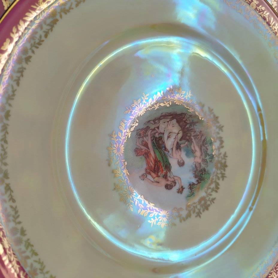 Набор обеденных тарелок из сервиза "Мадонна" на 6 персон, фарфор, деколь, люстр, золочение, Fortuna Eisenberg, Германия, 1960-1973 гг.