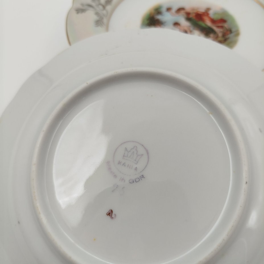 Набор из 4 пирожковых тарелок "Мадонна", фарфор, деколь, люстр, золочение, Kahla, ГДР, 1960-1980 гг.