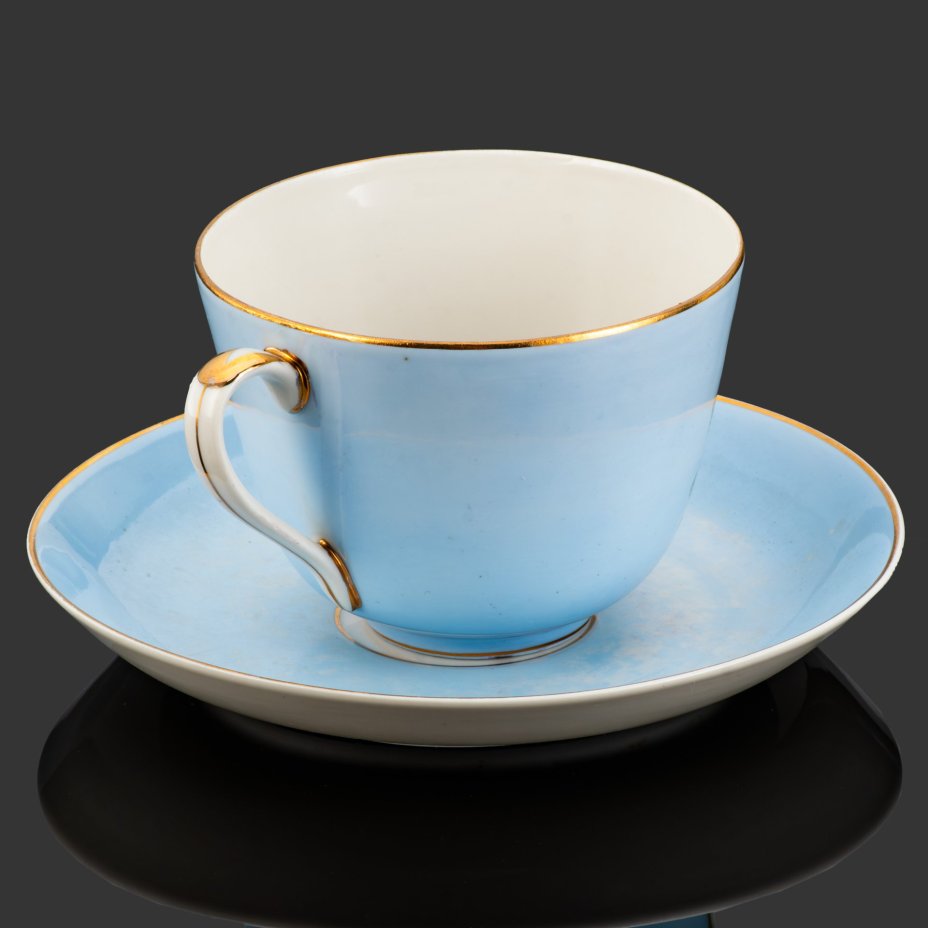 Чайная пара "ВСХВ. К.А. Тимирязев 1843-1920", фарфор, крытье, золочение, деколь с подрисовкой, Дулевский фарфоровый завод (Дулёво), СССР, 1954 г.