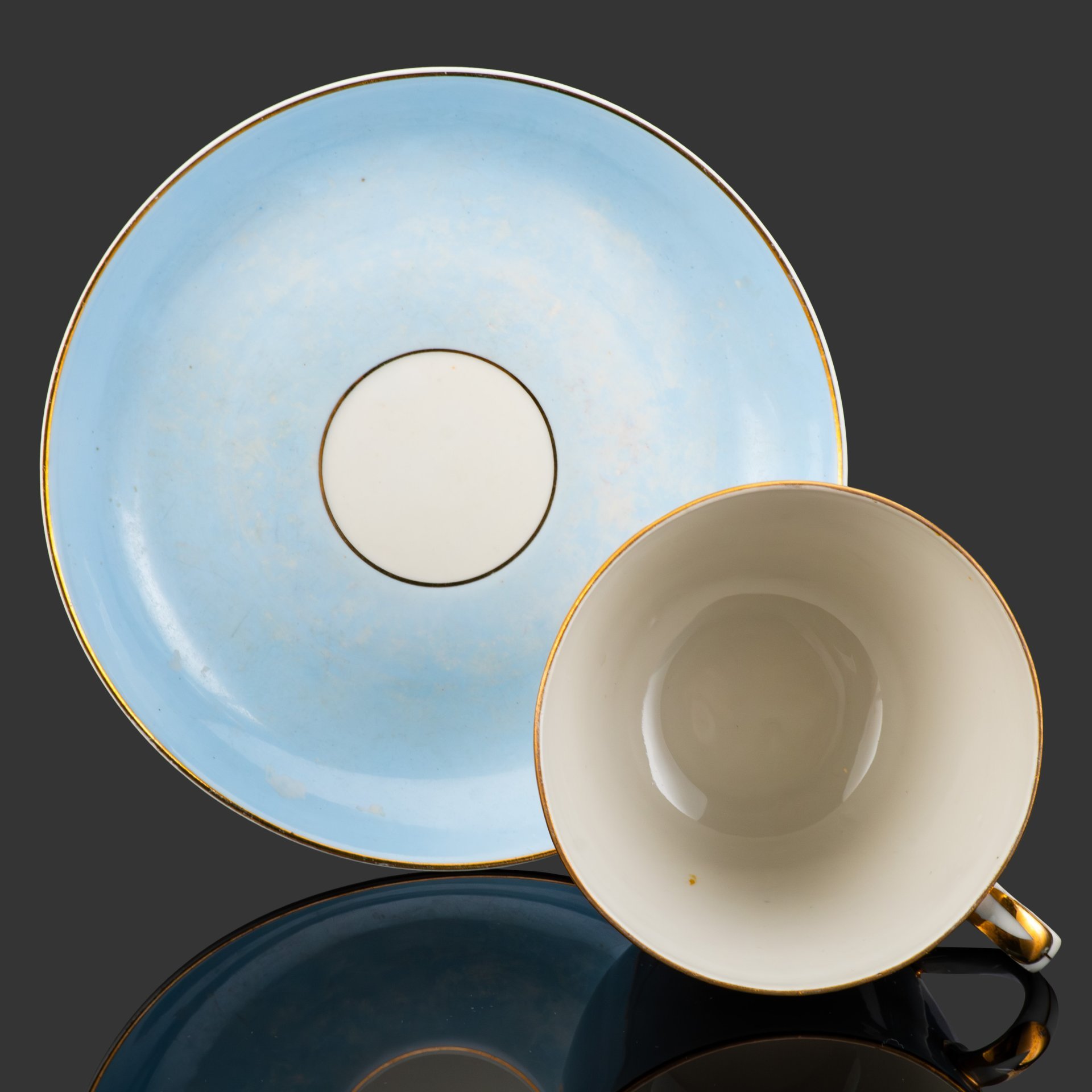 Чайная пара "ВСХВ. К.А. Тимирязев 1843-1920", фарфор, крытье, золочение, деколь с подрисовкой, Дулевский фарфоровый завод (Дулёво), СССР, 1954 г.