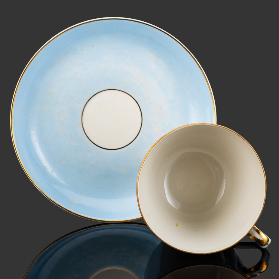 Чайная пара "ВСХВ. К.А. Тимирязев 1843-1920", фарфор, крытье, золочение, деколь с подрисовкой, Дулевский фарфоровый завод (Дулёво), СССР, 1954 г.