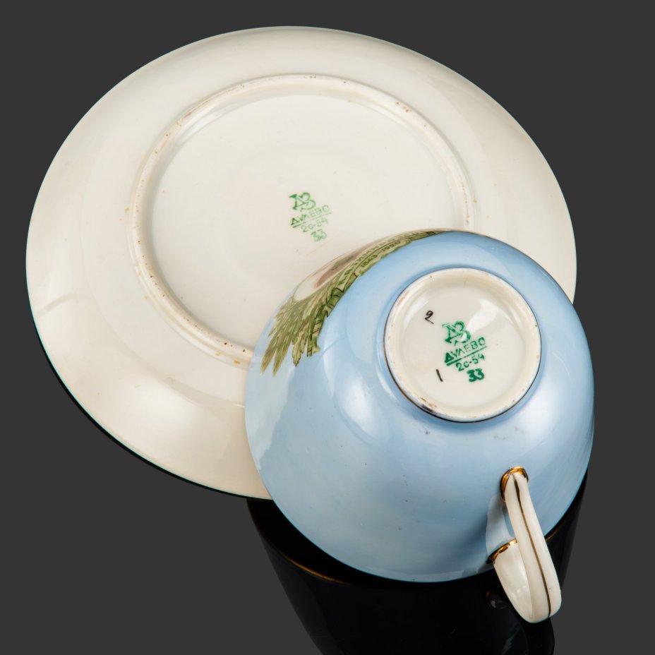 Чайная пара "ВСХВ. К.А. Тимирязев 1843-1920", фарфор, крытье, золочение, деколь с подрисовкой, Дулевский фарфоровый завод (Дулёво), СССР, 1954 г.