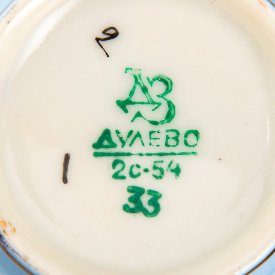 Чайная пара "ВСХВ. К.А. Тимирязев 1843-1920", фарфор, крытье, золочение, деколь с подрисовкой, Дулевский фарфоровый завод (Дулёво), СССР, 1954 г.