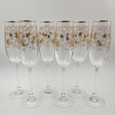 Набор из 6 бокалов (фужеров) для шампанского с цветочным декором, стекло, золочение, Европа, 2000-2010 гг.