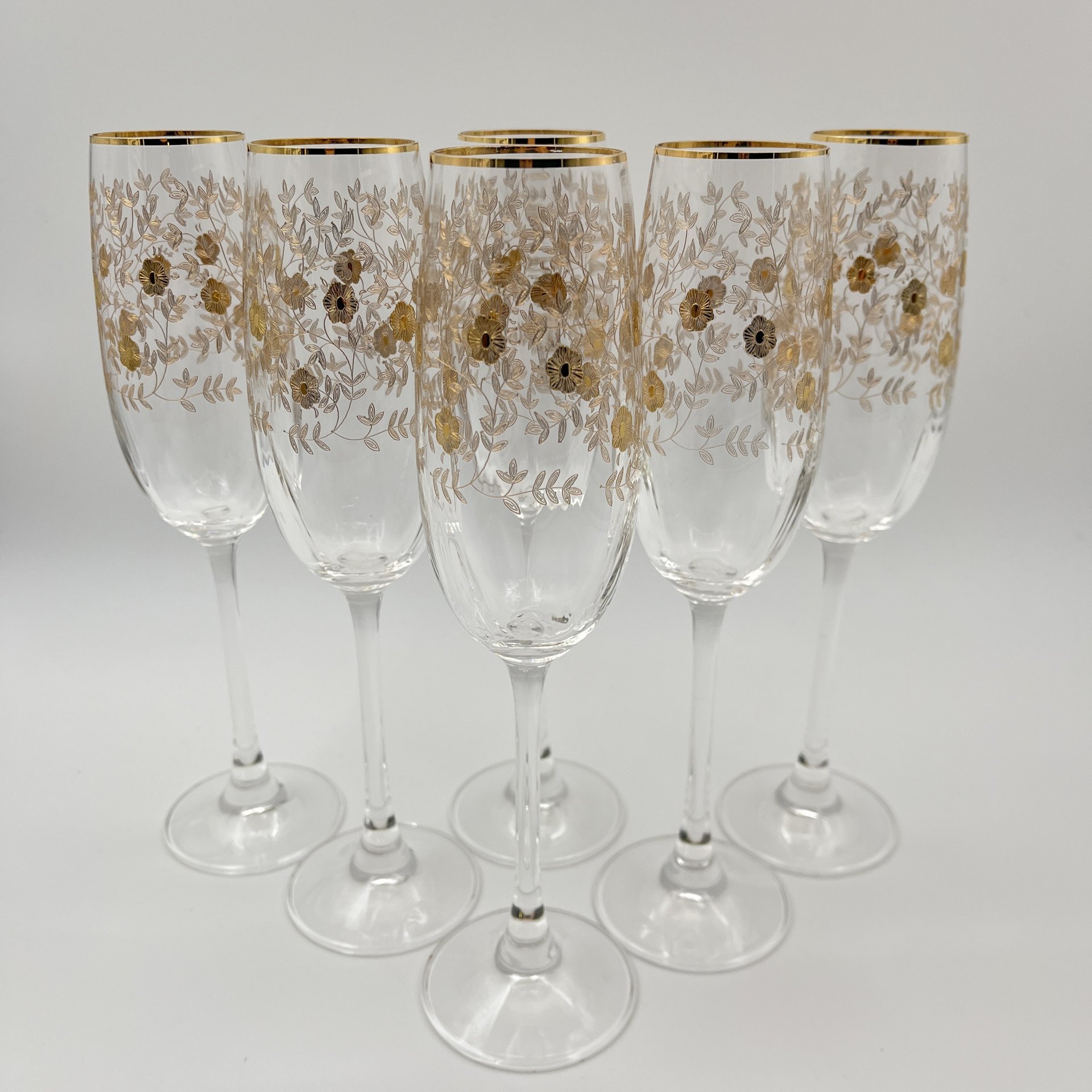 Набор из 6 бокалов (фужеров) для шампанского с цветочным декором, стекло, золочение, Европа, 2000-2010 гг.