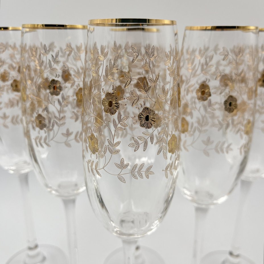 Набор из 6 бокалов (фужеров) для шампанского с цветочным декором