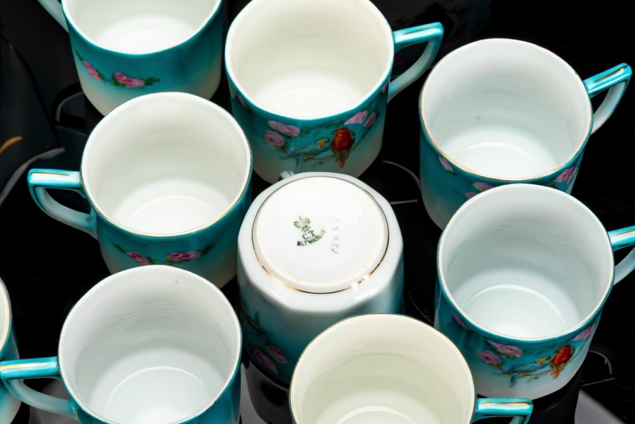 Сервиз кофейный в стиле Art Deco на 10 персон, украшенный изображением попугаев и роз (12 предметов), фарфор, деколь, золочение, C. Tielsch & Co., Германия, 1909-1930 гг.