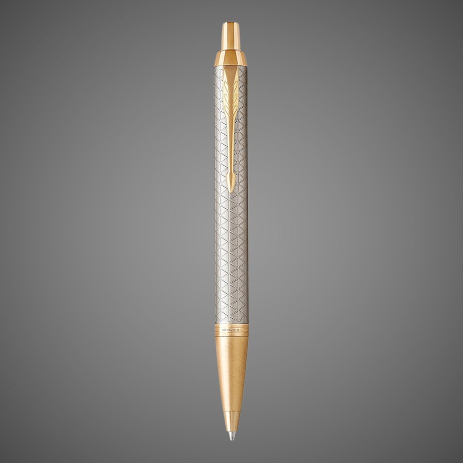 Шариковая ручка Parker IM Premium Warm Silver (grey) GT, стержень: M, цвет чернил: blue, в подарочной упаковке., Металлы: латунь, позолота, позолота
