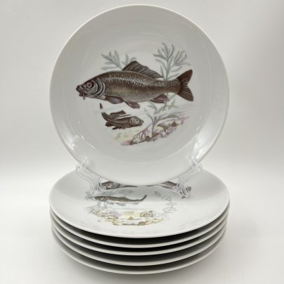 Набор тарелок на 6 персон с изображением рыб, фарфор, деколь, Kahla, ГДР, 1968-1987 гг.