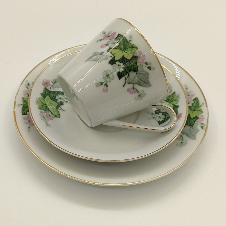 Трио кофейное с цветочным декором, фарфор, деколь, золочение, Schönwald, Германия, 1950-1972 гг.