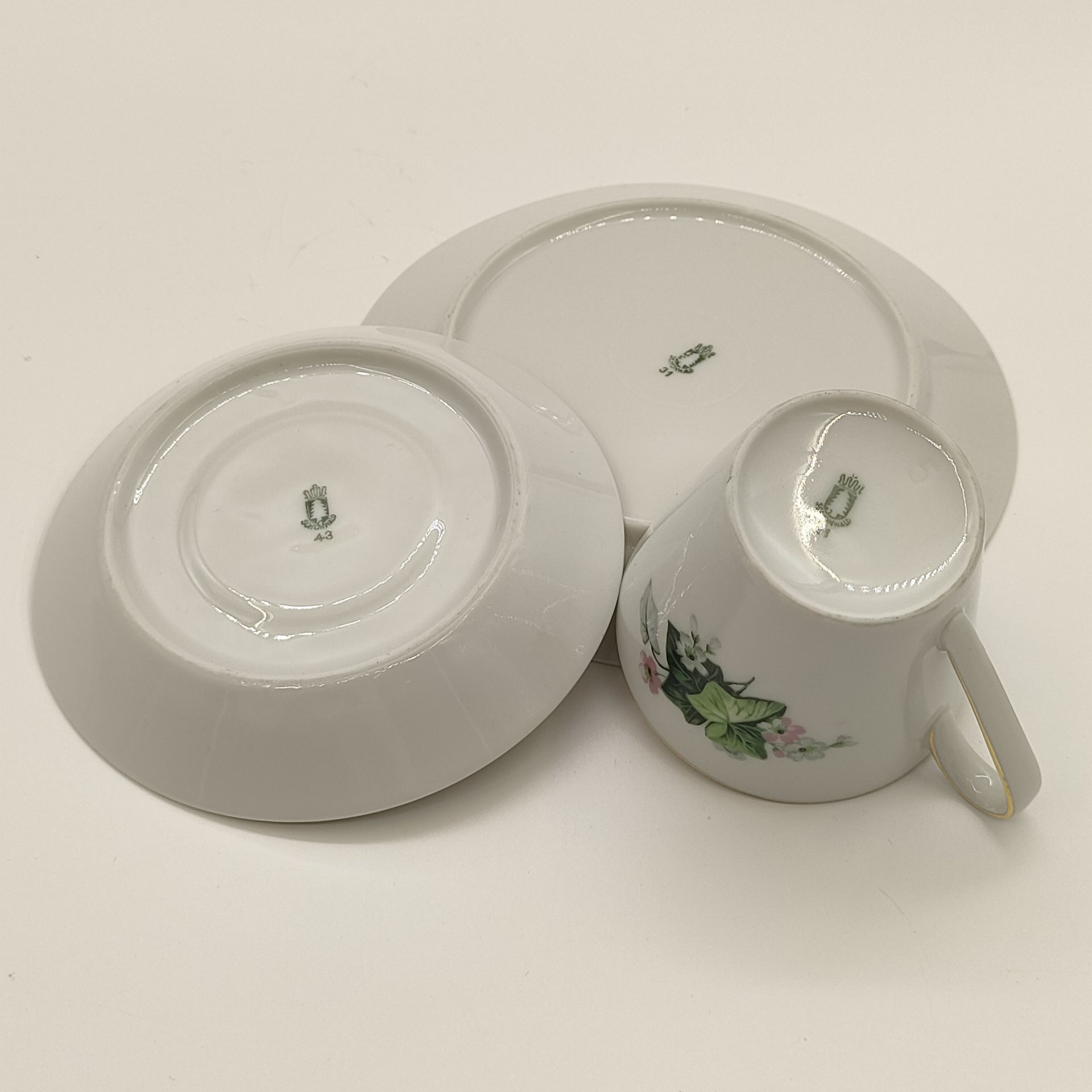 Трио кофейное с цветочным декором, фарфор, деколь, золочение, Schönwald, Германия, 1950-1972 гг.