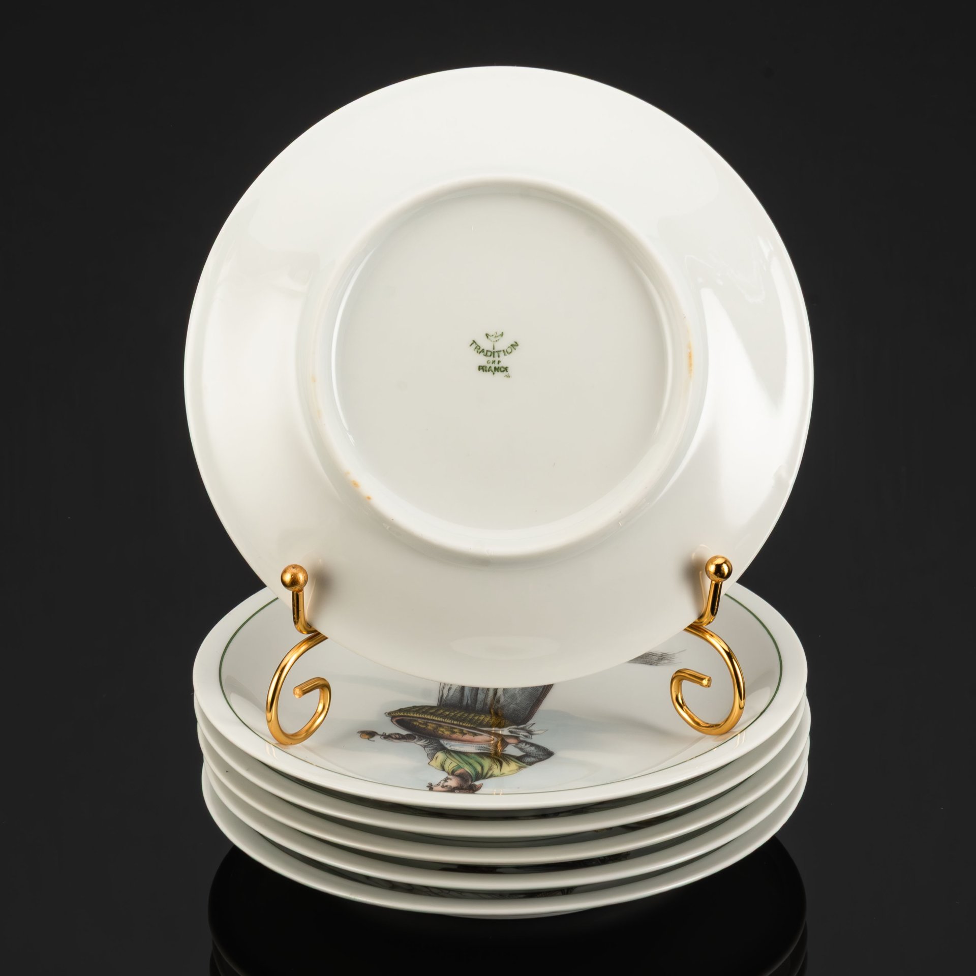 Набор десертных тарелок из серии "Métiers du Vieux Paris" ("Профессии старого Парижа") на 6 персон в оригинальной коробке, Tradition CNP, фарфор, деколь, дерево, Франция, 1960-1970 гг.