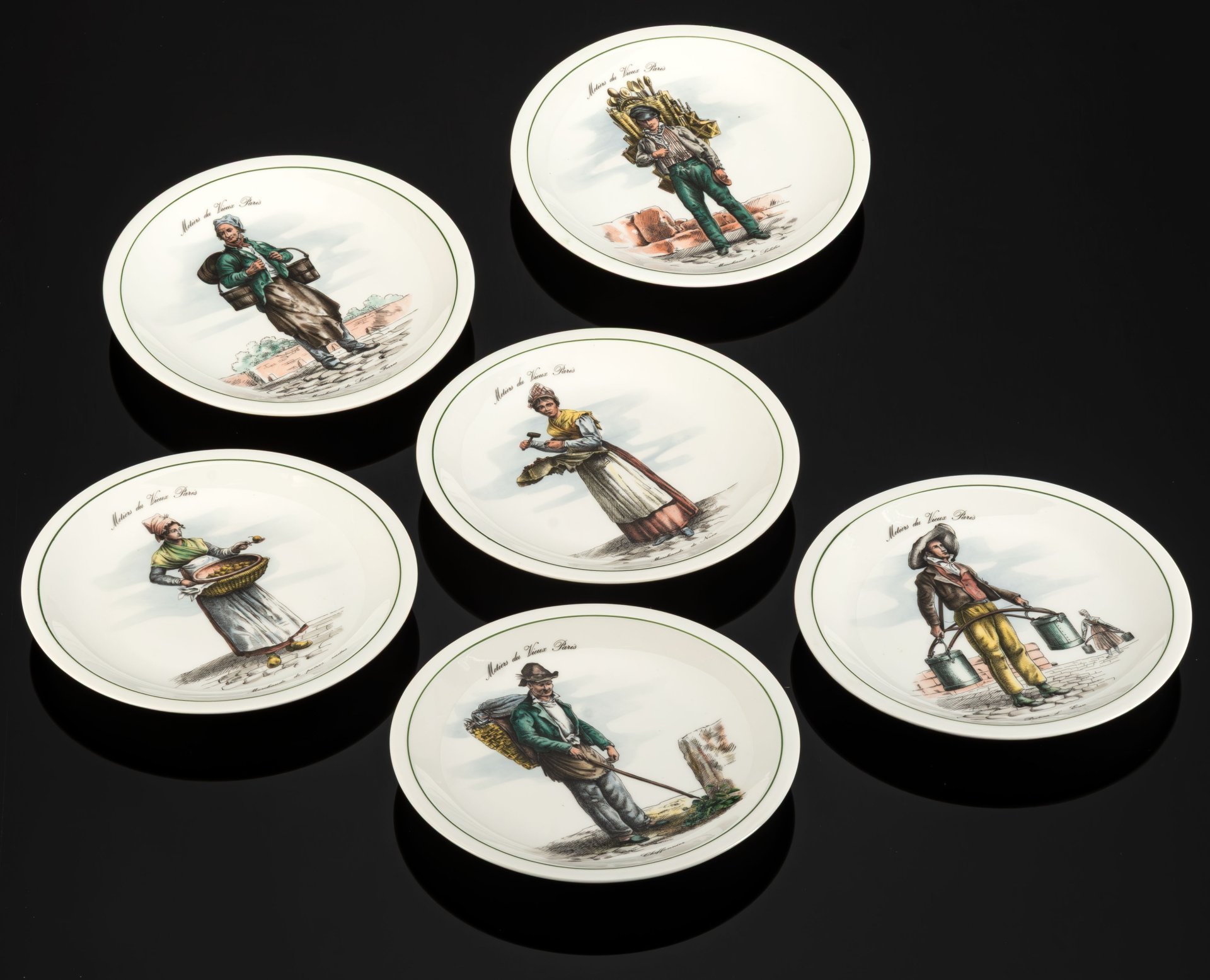Набор десертных тарелок из серии "Métiers du Vieux Paris" ("Профессии старого Парижа") на 6 персон в оригинальной коробке, Tradition CNP, фарфор, деколь, дерево, Франция, 1960-1970 гг.