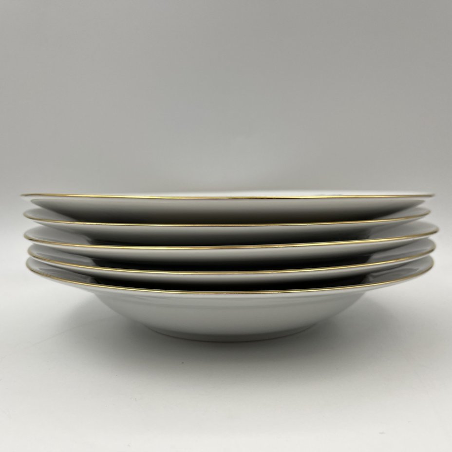 Набор из 5-ти суповых тарелок с декором в виде синих цветов, фарфор, деколь, золочение, Kahla, ГДР, 1968-1987 гг.