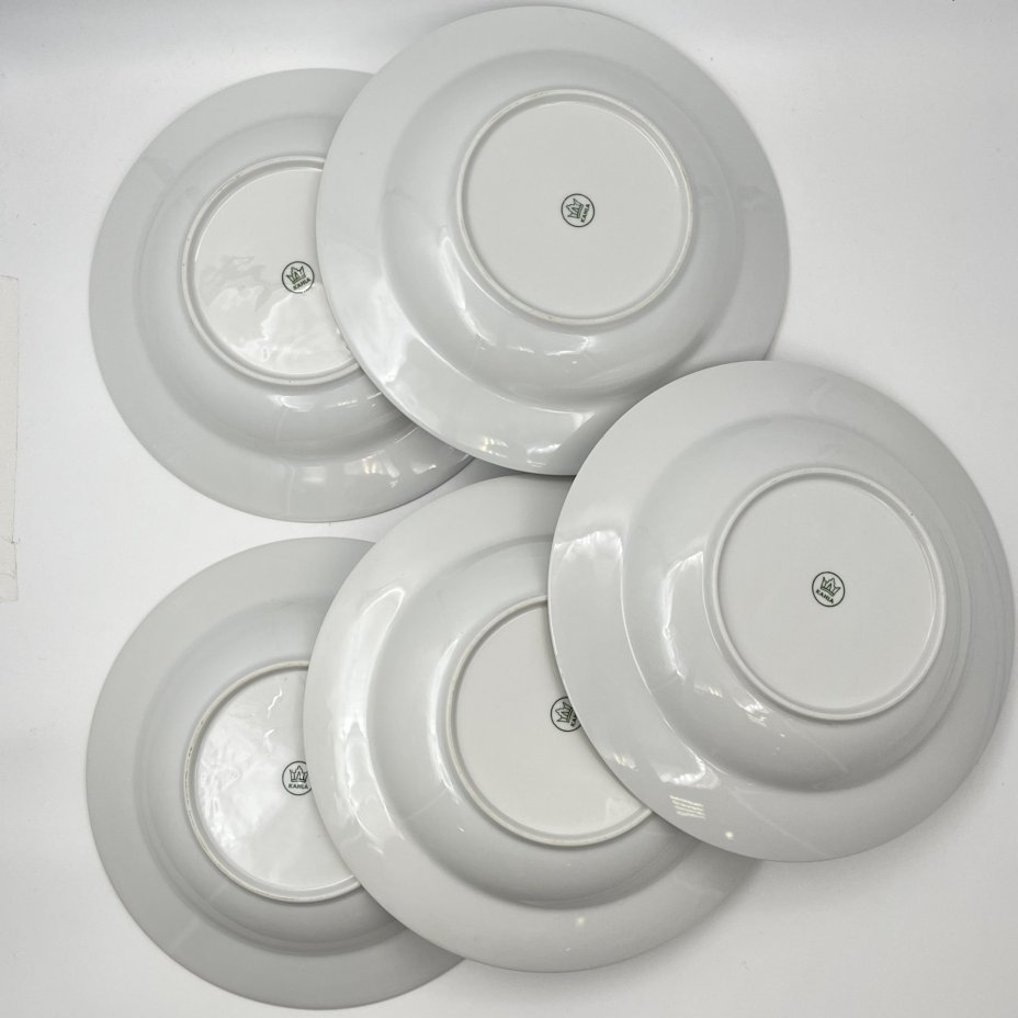 Набор из 5-ти суповых тарелок с декором в виде синих цветов, фарфор, деколь, золочение, Kahla, ГДР, 1968-1987 гг.