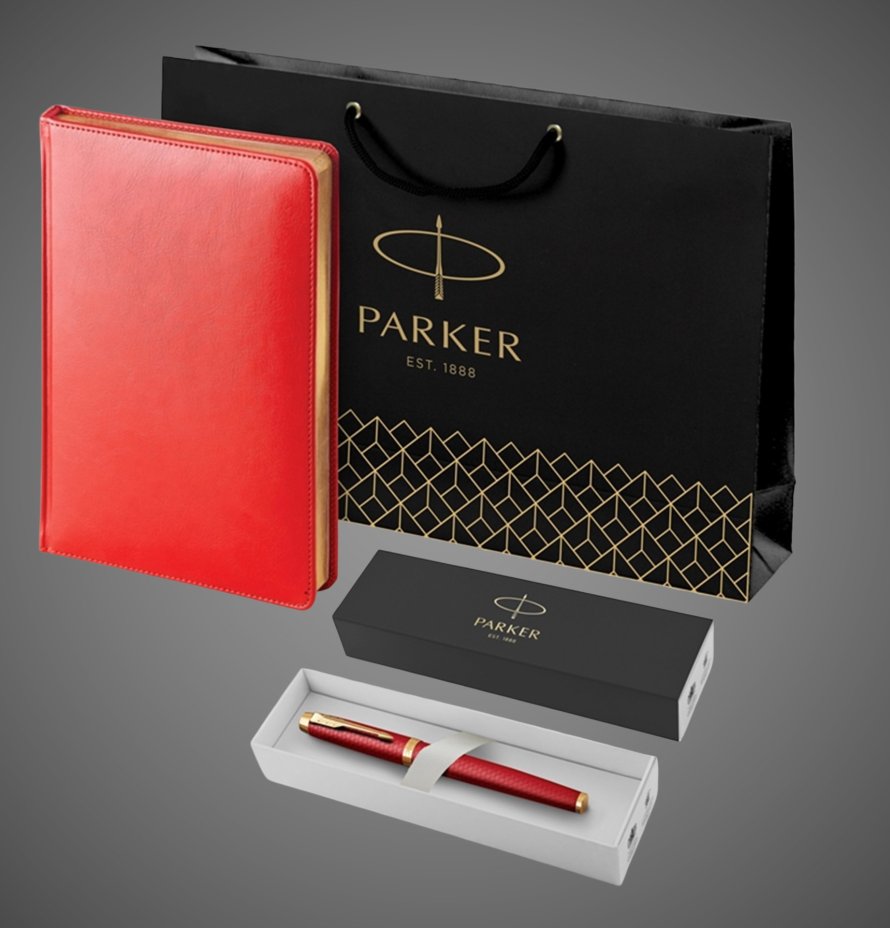 Подарочный набор: Ручка перьевая Parker IM Premium F318 Red GT, цвет чернил синий и красный недатированный ежедневник с золотым срезом, Металлы: латунь, сталь
