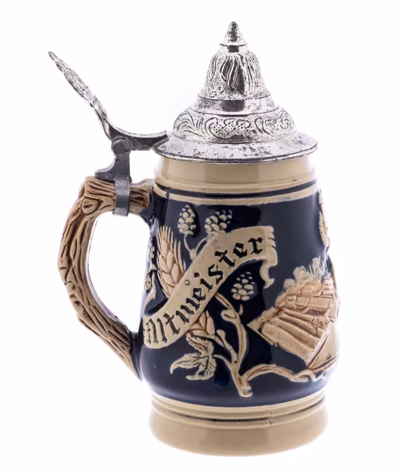 Кружка пивная с крышкой "Altmeister Urtyp", фаянс, олово, рельеф, роспись, Германия, 1960-1980 гг.