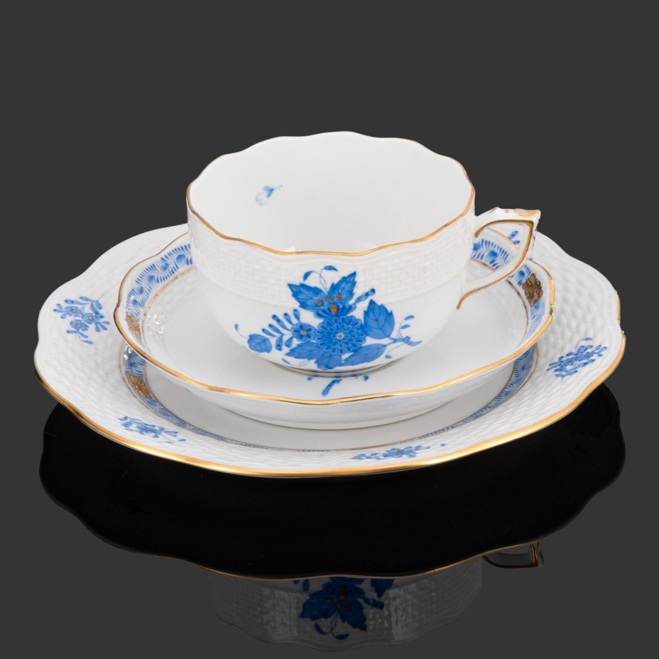 Трио чайное, выполненное в фирменном дизайне "Chinese Bouquet" ("Apponyi Blue"), Herend (Херенд)