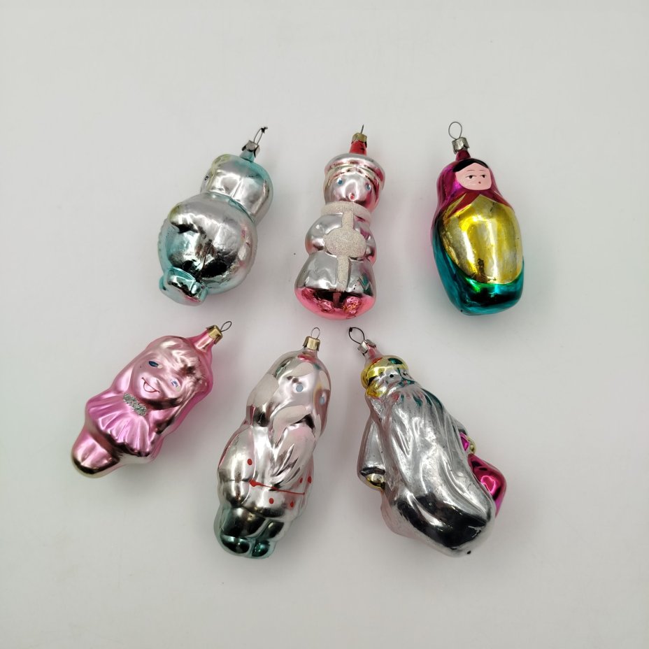Набор из 6-ти ёлочных игрушек в форме персонажей сказок, стекло, металл, краска, СССР, 1960-1980 гг.