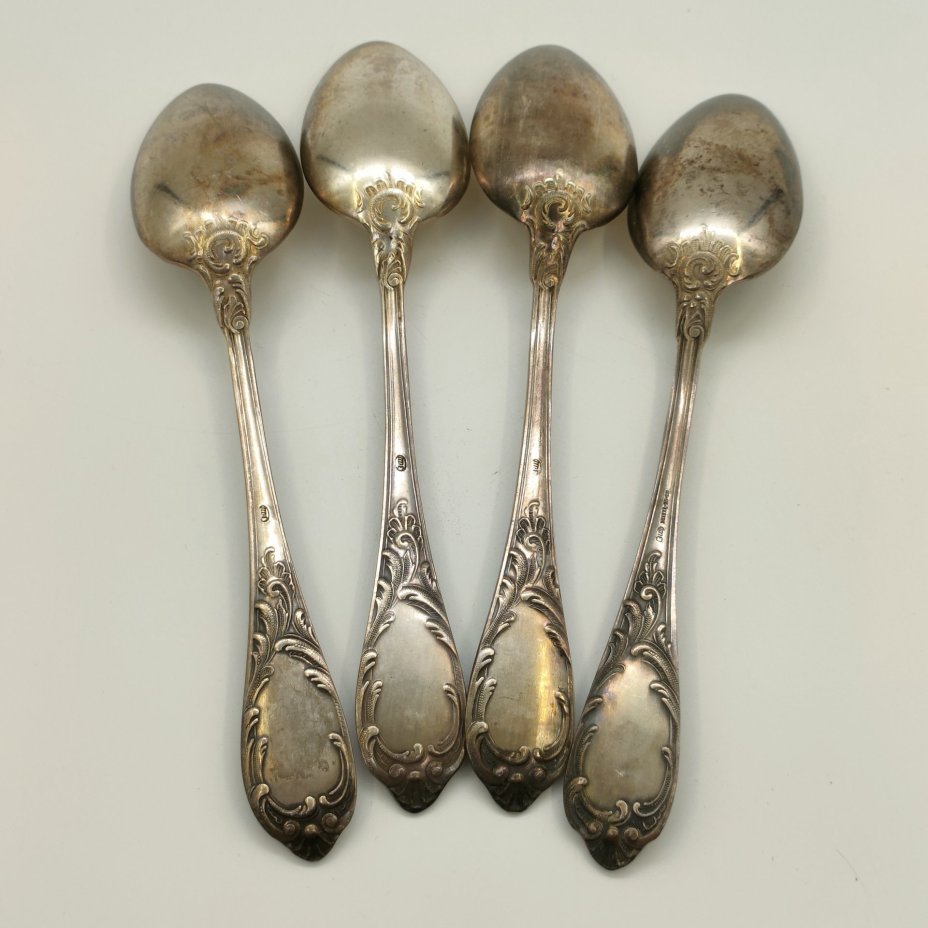 Набор из 4-х столовых ложек с растительным декором, мНЦ (медь-никель-цинк), штамповка, Вольнянский завод столовых приборов им. Шевченко (ЗiШ, ЗиШ), СССР, 1961-1991 гг.