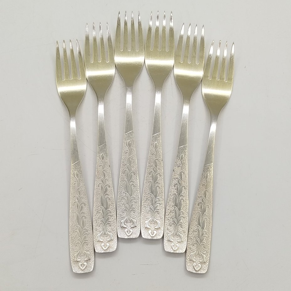 Набор из шести столовых вилок «Хмель», мНЦ (медь-никель-цинк), Завод «Проминь», СССР, 1960-1990 гг.