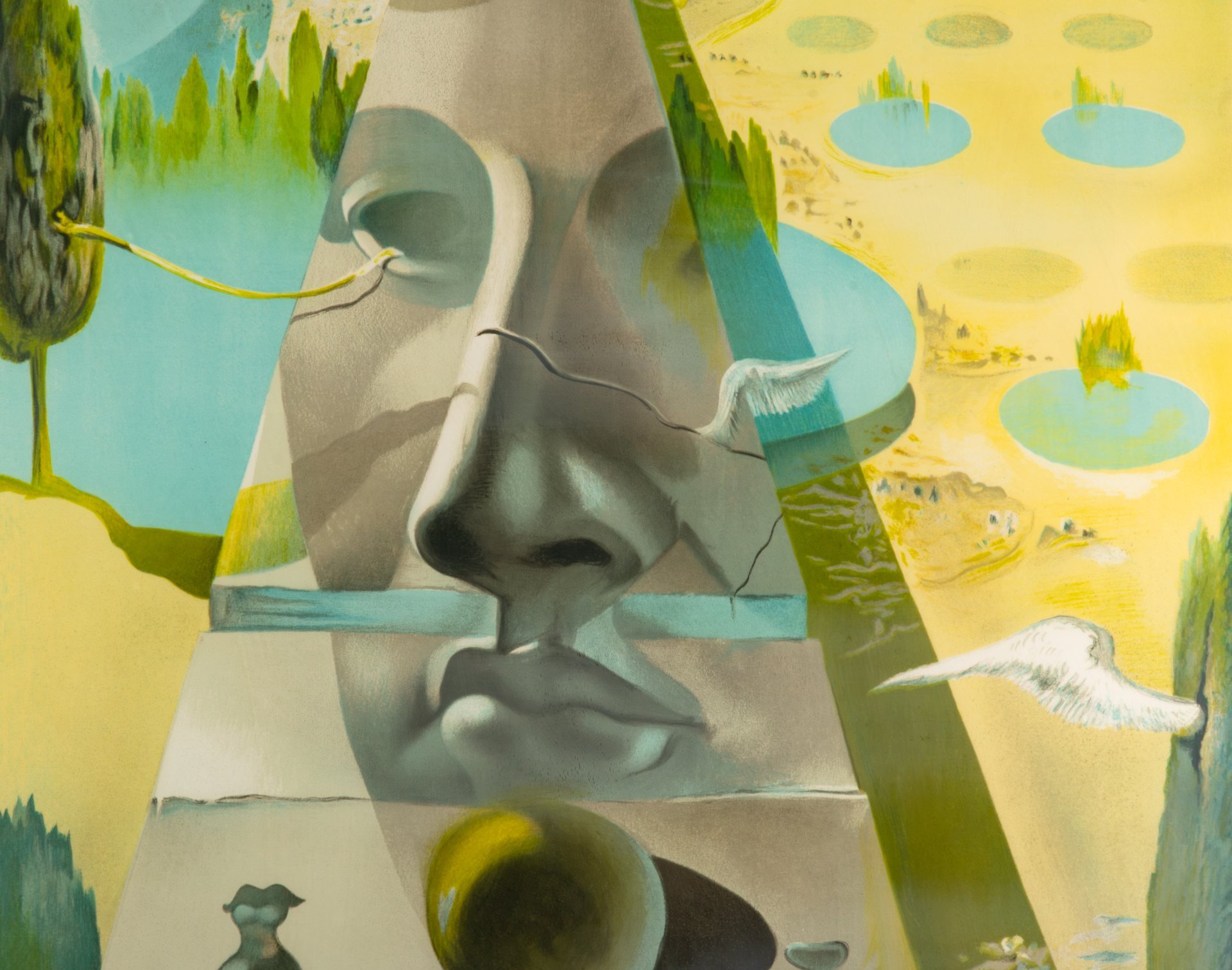 Литография по картине Сальвадора Дали "Явление лица Афродиты Книдской на фоне пейзажа", лист 124/295, бумага, печать, стекло, рама, Западная Европа, 1981 г.