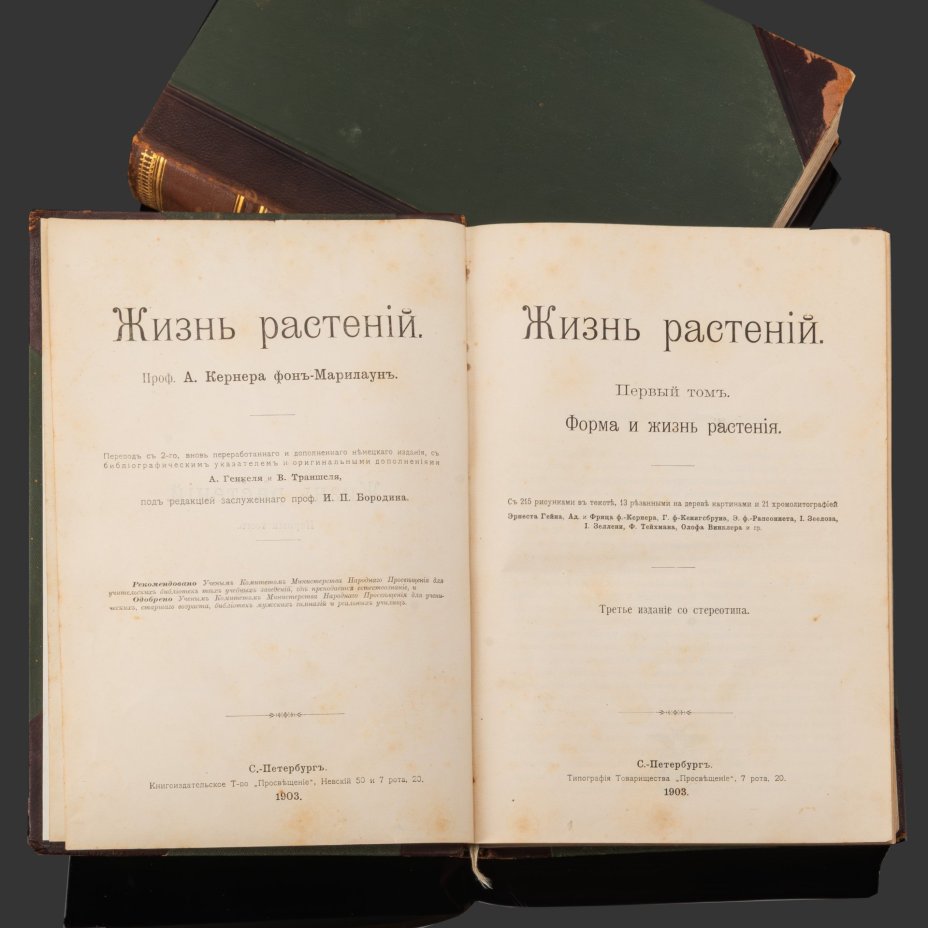 Книга А. Кернер фон-Марилаун «Жизнь растений» с иллюстрациями, том 1, том 2, бумага, печать, кожа, тиснение, золочение, Книгоиздательское товарищество «Просвещение», Российская империя, 1903 г.