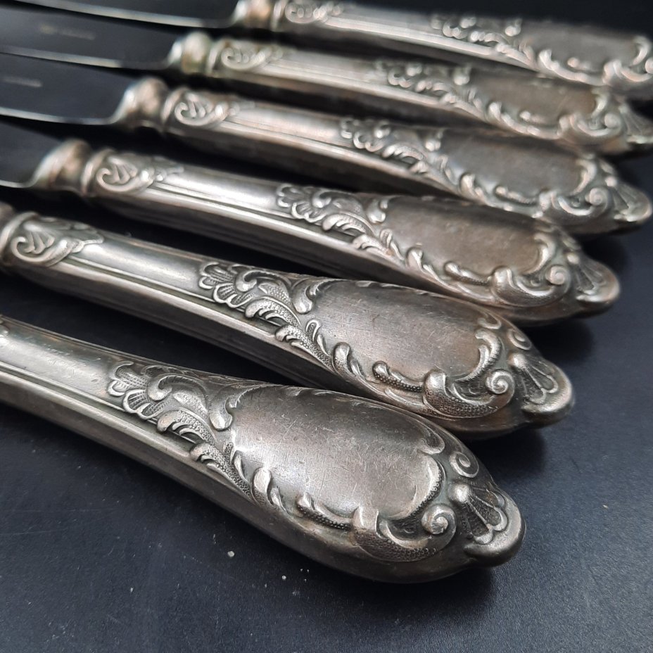 Набор из шести столовых ножей с растительным декором, мНЦ (медь-никель-цинк), сталь, Вольнянский завод столовых приборов им. Шевченко (ЗiШ, ЗиШ), СССР, 1960-1980 гг.