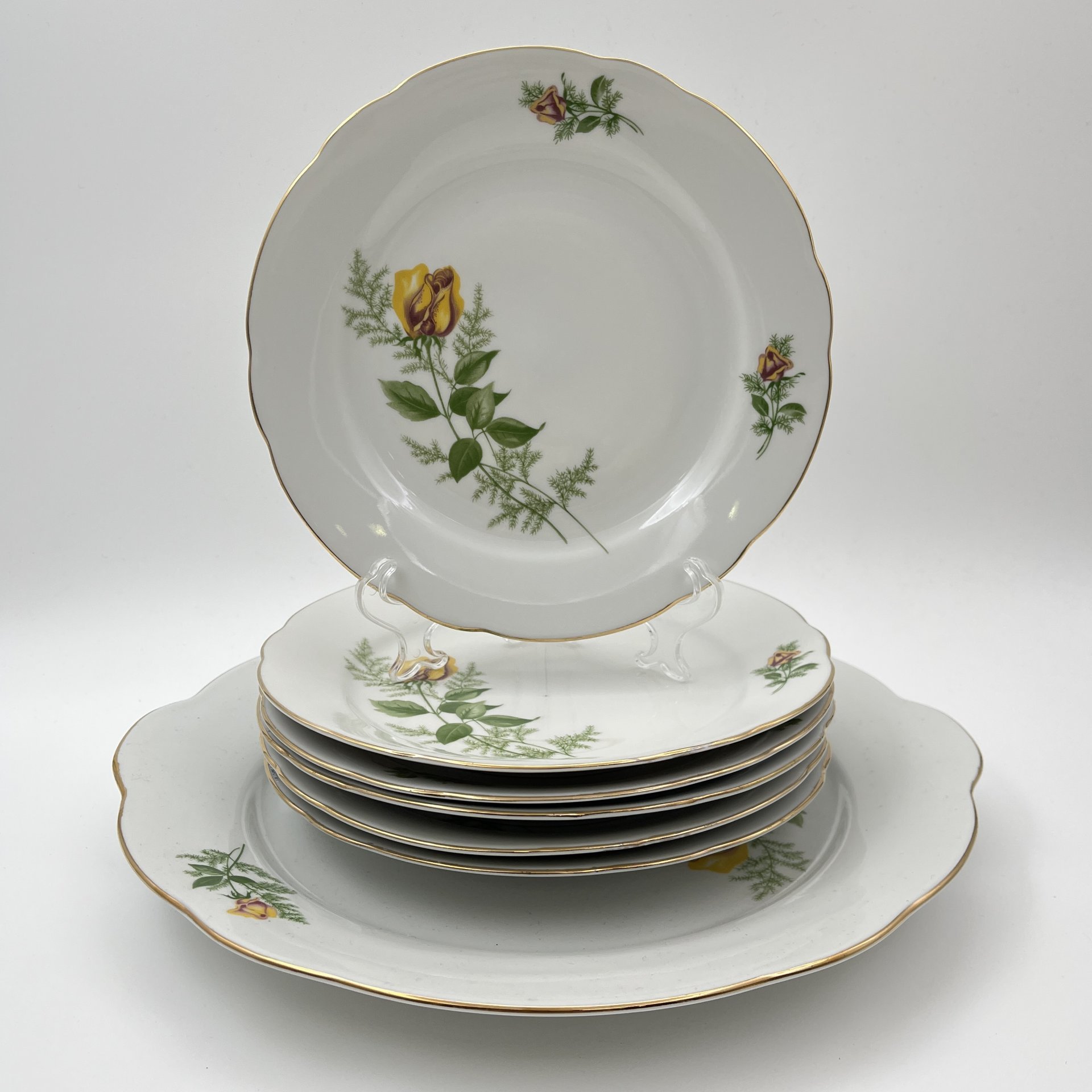 Набор десертных тарелок и блюда "Желтая роза" на 6 персон, фарфор, деколь, золочение, Kahla, ГДР, 1970-1980 гг.