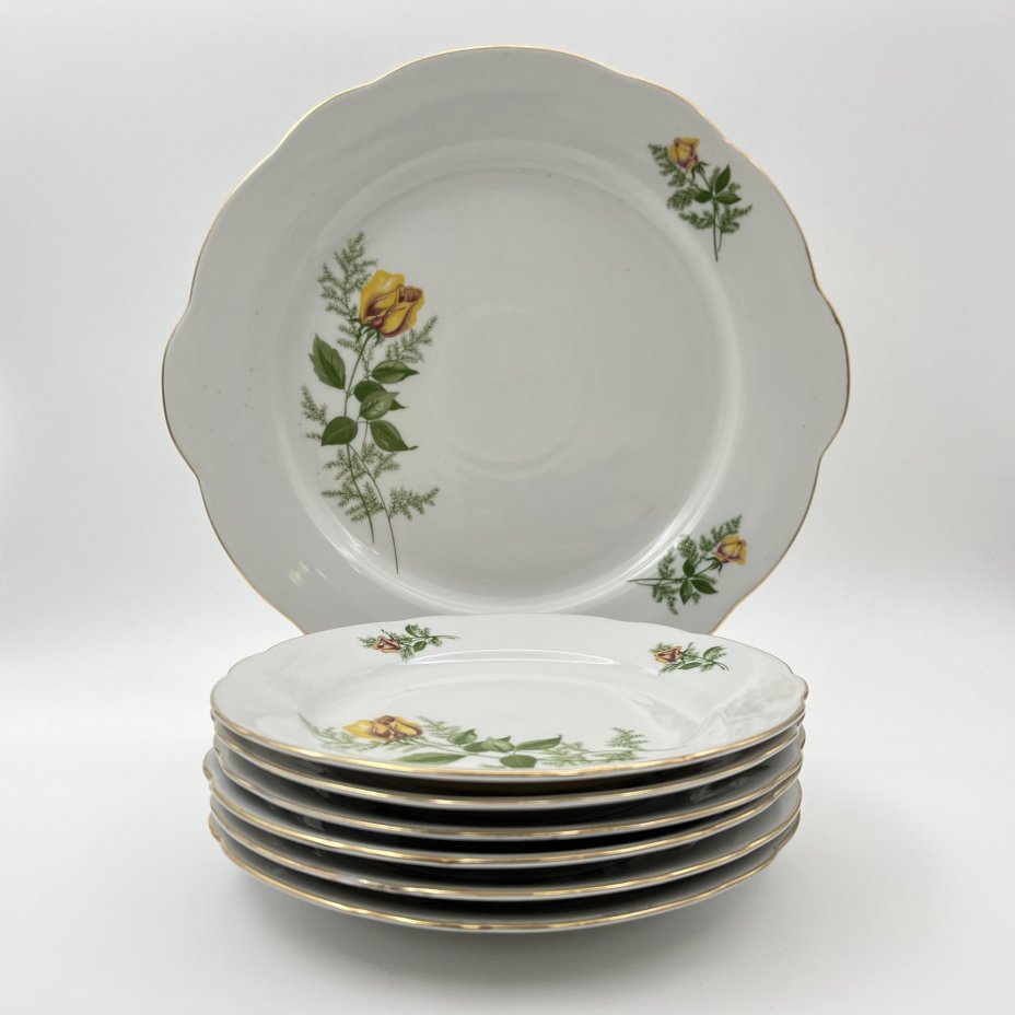 Набор десертных тарелок и блюда "Желтая роза" на 6 персон, фарфор, деколь, золочение, Kahla, ГДР, 1970-1980 гг.