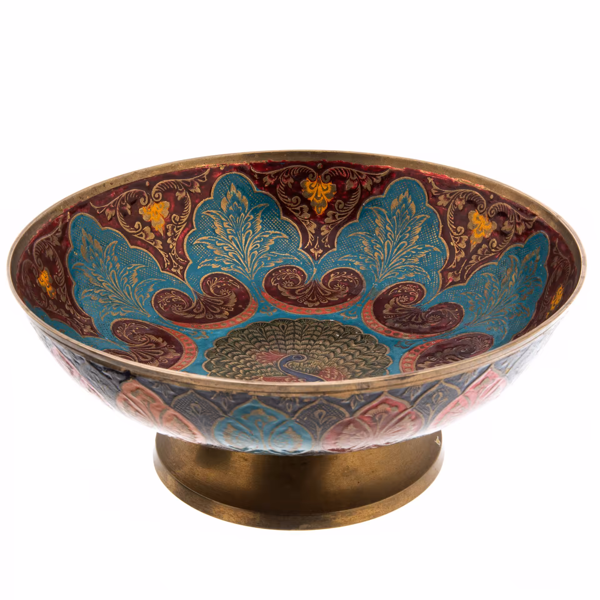 Блюдо, декорированное растительным орнаментом и изображением павлина, латунь, краска, Индия, 1980-1990 гг.