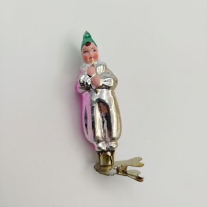 Ёлочная игрушка "Клоун с дудочкой", стекло, роспись, металл, Завод стеклянных ёлочных украшений и оптических изделий, г. Москва, СССР, 1950-1960 гг.