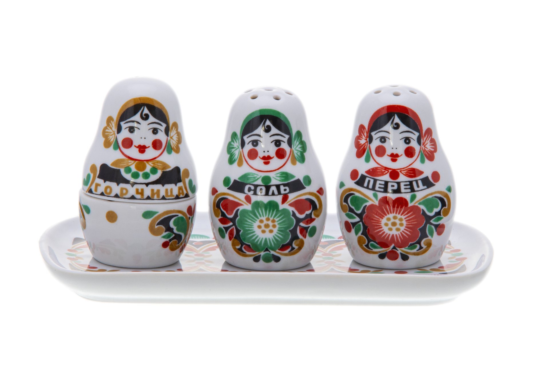 Набор для специй "Матрешки" (соль, перец, горчица), фарфор, деколь, Дмитровский фарфоровый завод (ДФЗ Вербилки), СССР, 1965-1991 гг.