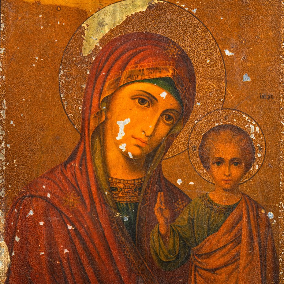 Икона «Богоматерь Казанская», дерево, хромолитография на жести, ткан, Фабрика «Жако и Бонакер», Российская империя, 1890-1910 гг.